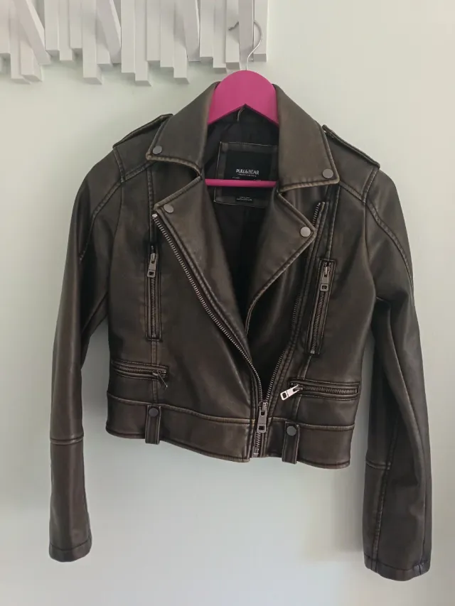 Cazadora Biker Efecto Piel Pull&Bear Marrón