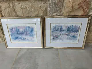 2 Cuadros Marco Metal Dorado Paisaje Invierno