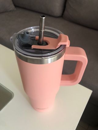 Vaso Termo rosa con asa y pajita Acero Inoxidable