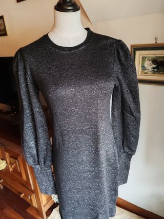 Abito Akè nero argento lurex maniche a sbuffo