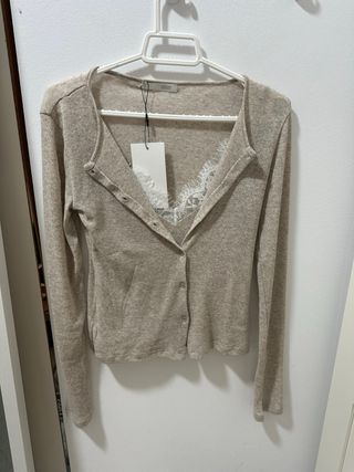 Top Zara combinado encaje beige Nuevo,con etiqueta