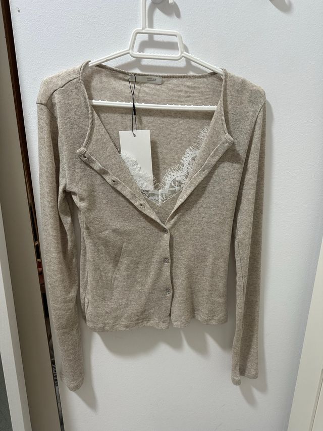 Top Zara combinado encaje beige Nuevo,con etiqueta