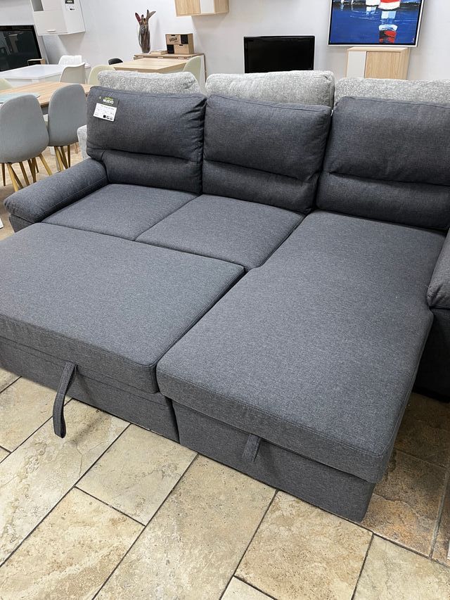 Sofá Cama Chaise Longue con Arcón Gris
