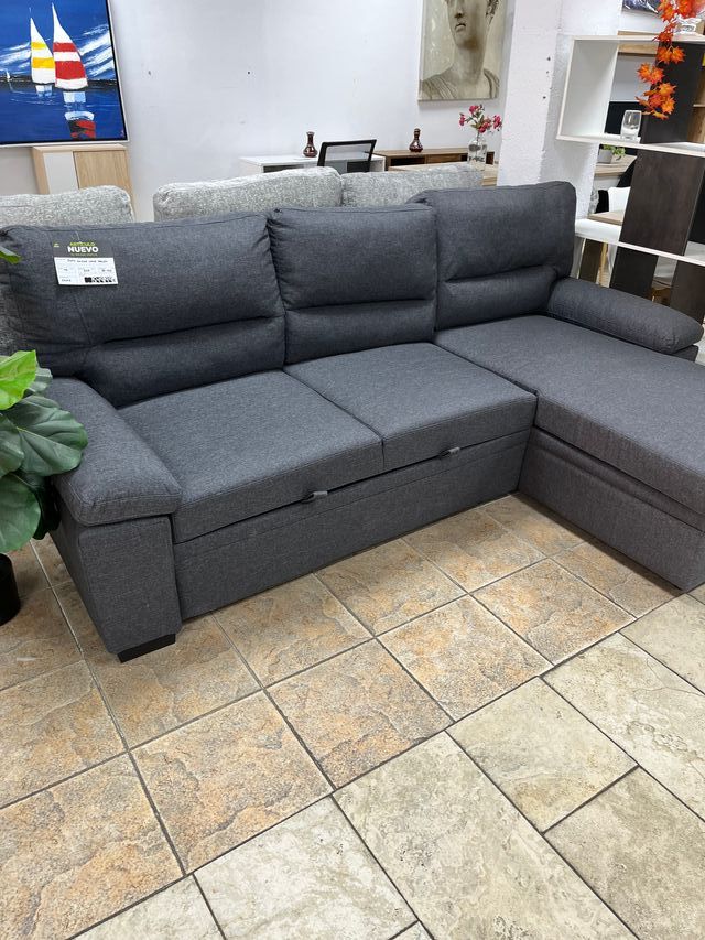 Sofá Cama Chaise Longue con Arcón Gris