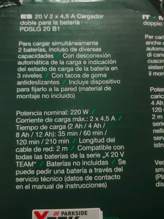 Cargador Doble Parkside 20V 2x4.5A