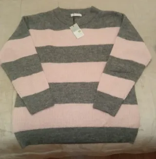 Jersey de punto rayas gris y rosa talla M
