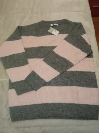 Jersey de punto rayas gris y rosa talla M