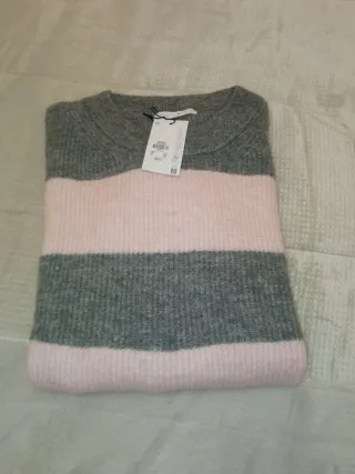 Jersey de punto rayas gris y rosa talla M