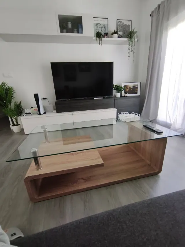 Mesa centro cristal y madera