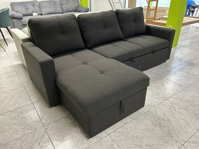 Sofá chaise longue cinza escuro novo + baú