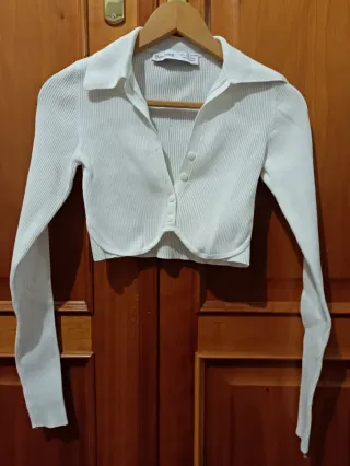 Top Bershka Blanco Manga Larga S