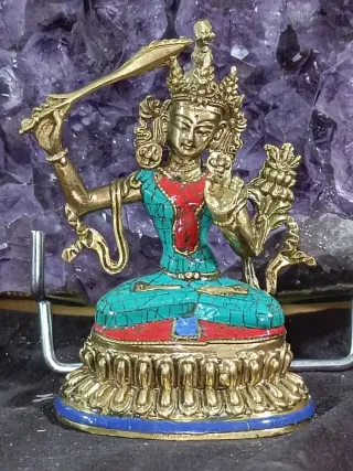 Manjusri Buda 10cm Bronce Turquesa Coral