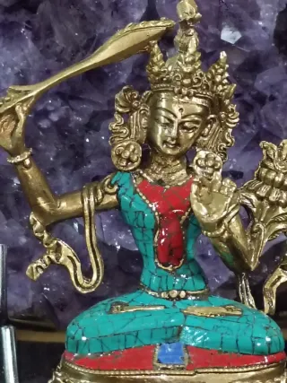 Manjusri Buda 10cm Bronce Turquesa Coral