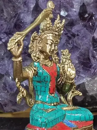 Manjusri Buda 10cm Bronce Turquesa Coral