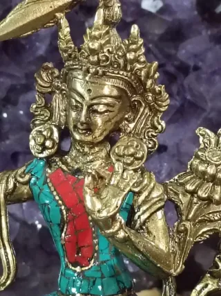 Manjusri Buda 10cm Bronce Turquesa Coral