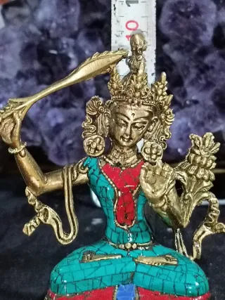 Manjusri Buda 10cm Bronce Turquesa Coral