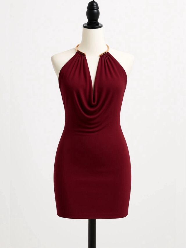 Vestido mini raso anilla burdeos