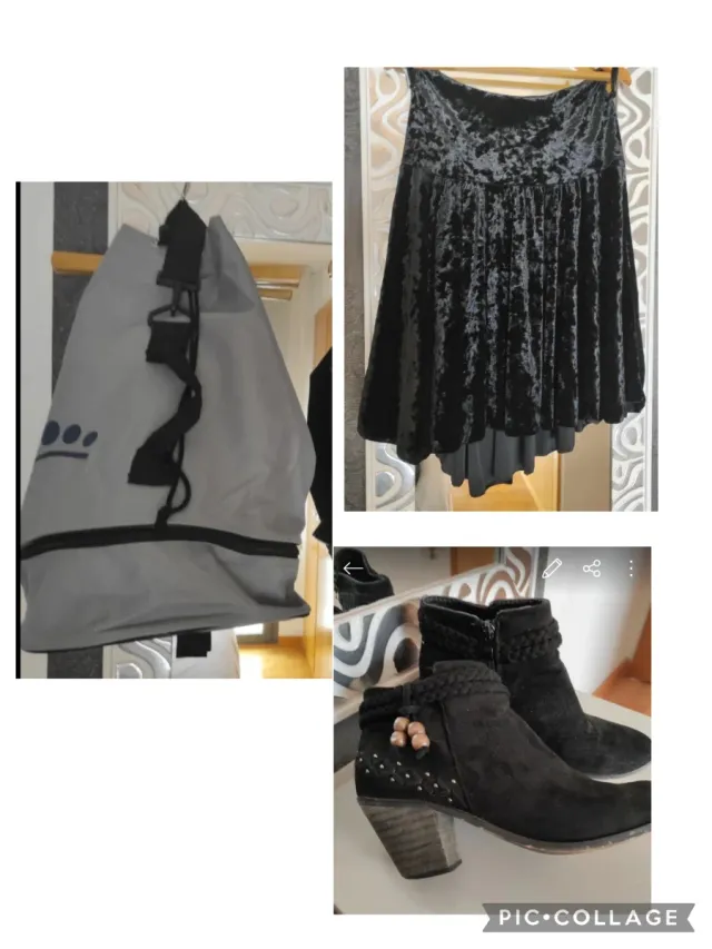 Lote 3 prendas: falda, bolso y botines