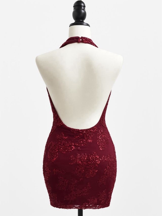 Vestido mini Burdeos con cascada y glitter