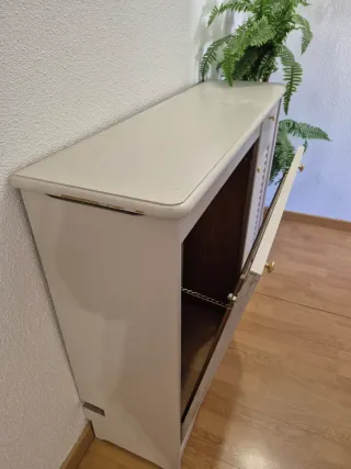 Mueble radiador gris con detalles dorados