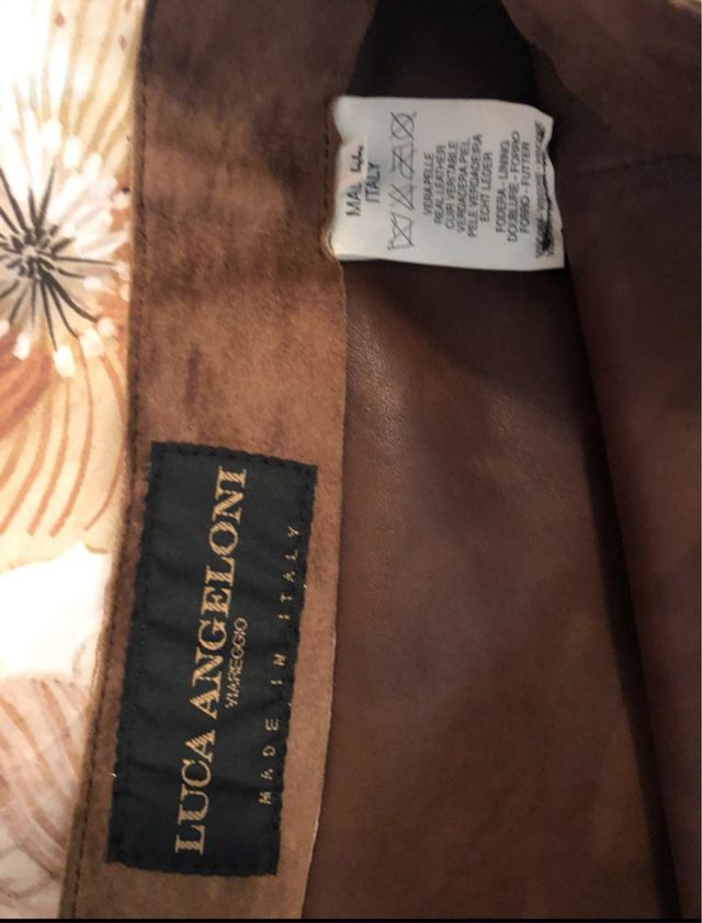 Gonna in pelle marrone asimmetrica con rouches