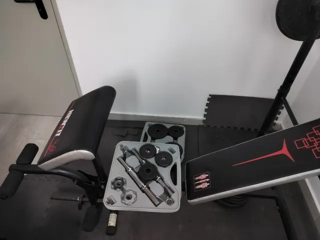 Banco de pesas + discos y mancuernas