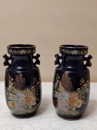 Set di 2 vasi cinesi blu con pavoni