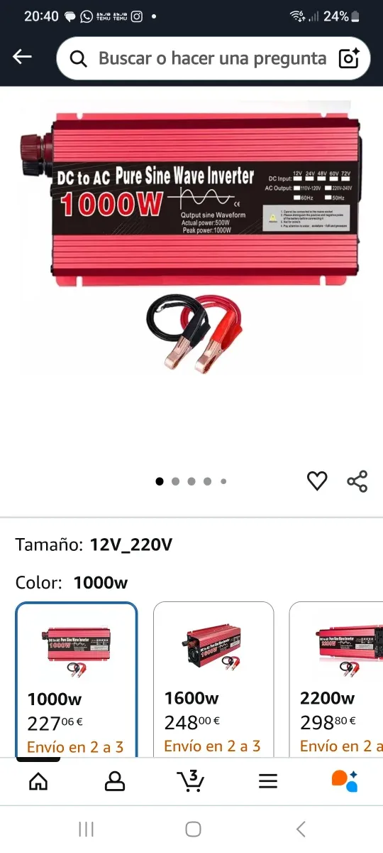 Inversor Corriente 12V/220V 1000W