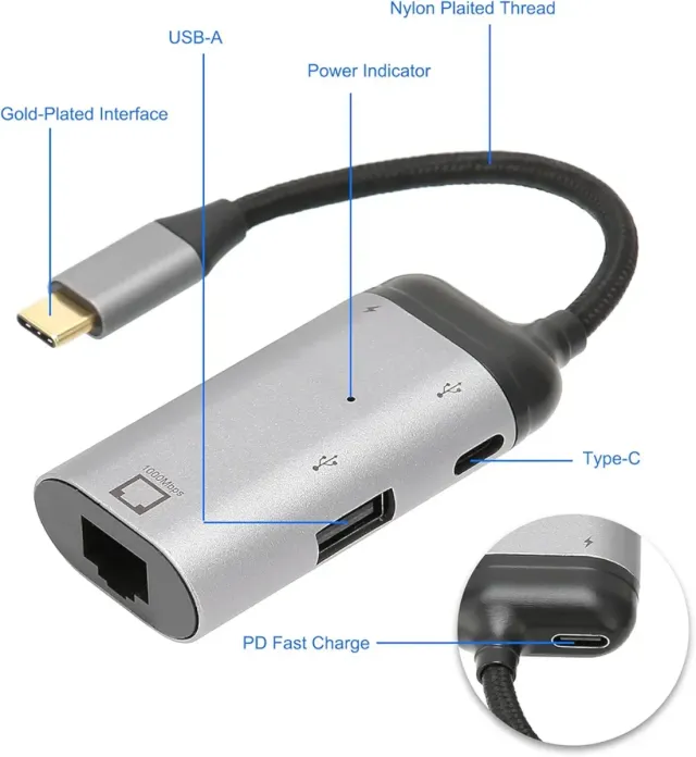 Adattatore USB C a Ethernet RJ45 3 in 1