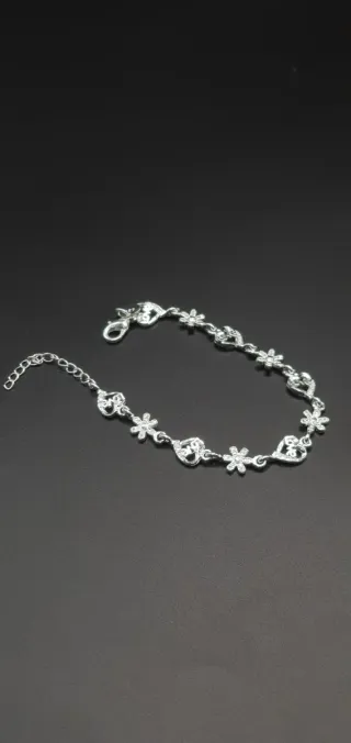 Pulsera Plata Ley 925 Corazones y Flores