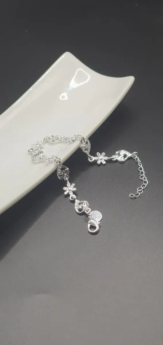 Pulsera Plata Ley 925 Corazones y Flores