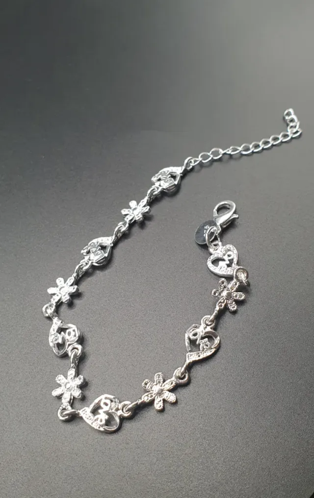 Pulsera Plata Ley 925 Corazones y Flores
