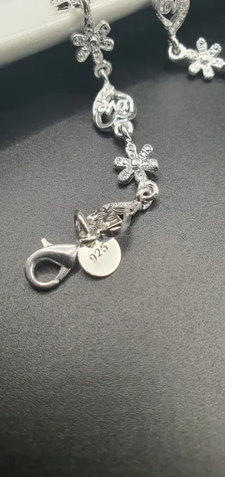 Pulsera Plata Ley 925 Corazones y Flores