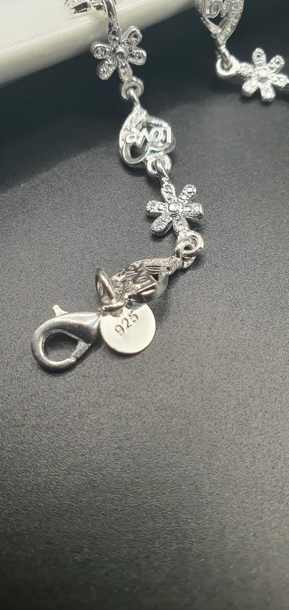Pulsera Plata Ley 925 Corazones y Flores