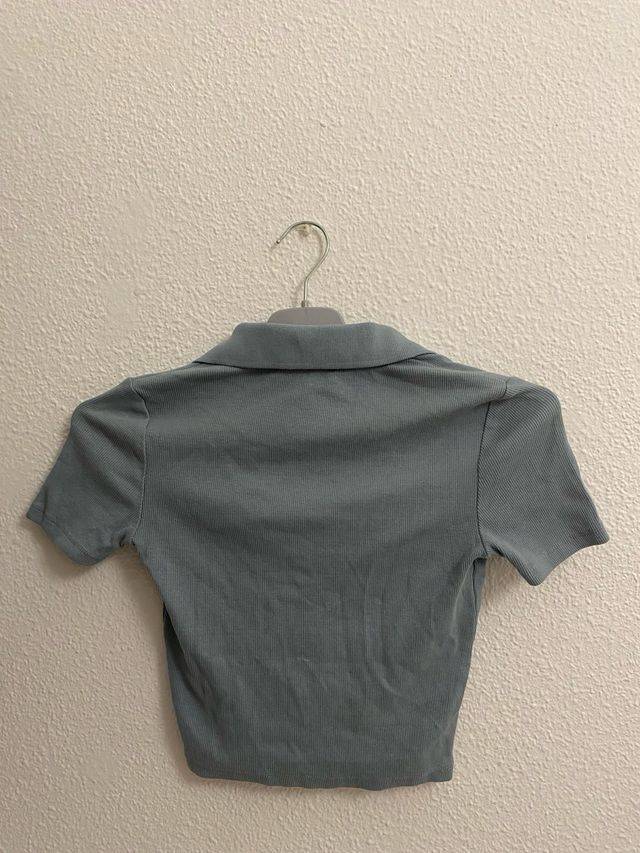 Top Zara cuello polo escote pico verde agua XS