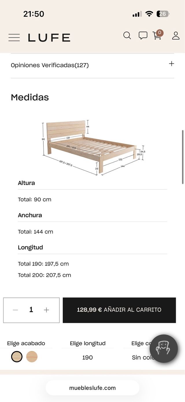 Estructura Cama Doble Madera LUFE 135cm