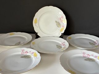 🇩🇪 6 Platos Postre Porcelana Florales Dorados