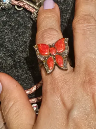 Anillo Plata y Coral Mariposa