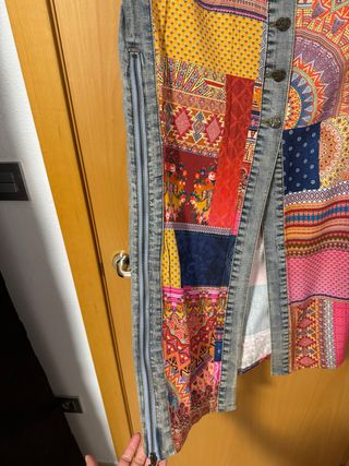 Falda larga patchwork denim y estampado