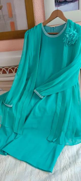 Vestido ceremonia cóctel verde azulado T.48/50