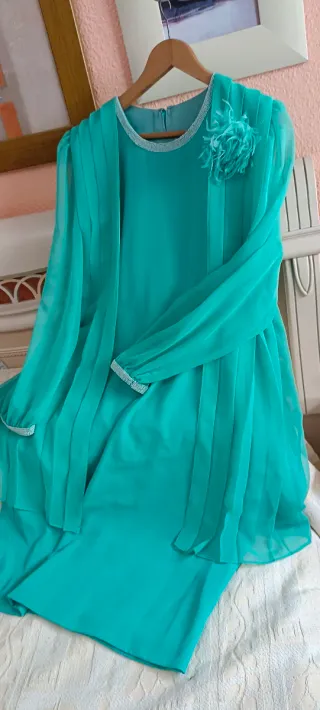 Vestido ceremonia cóctel verde azulado T.48/50