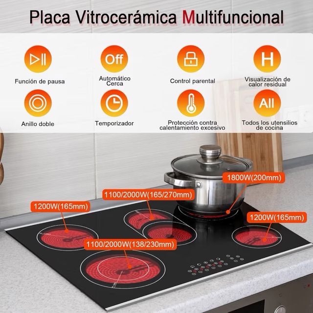 Placa vitrocerámica 5 fuegos táctil