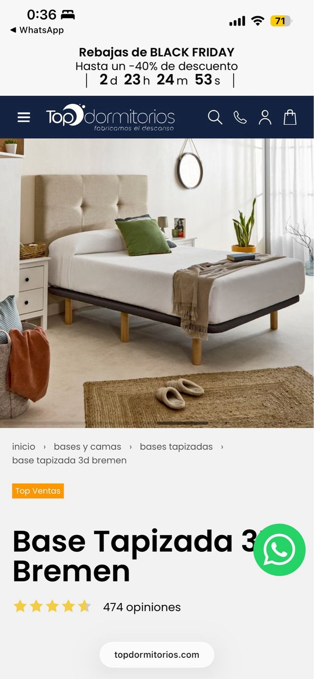 Somier cama base tapizada con patas