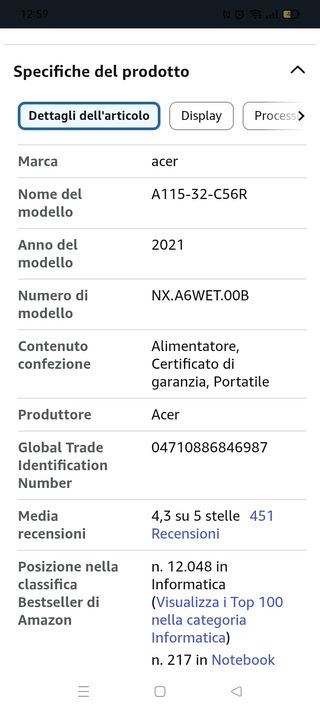 Notebook Acer A115-32-C56R nuovo