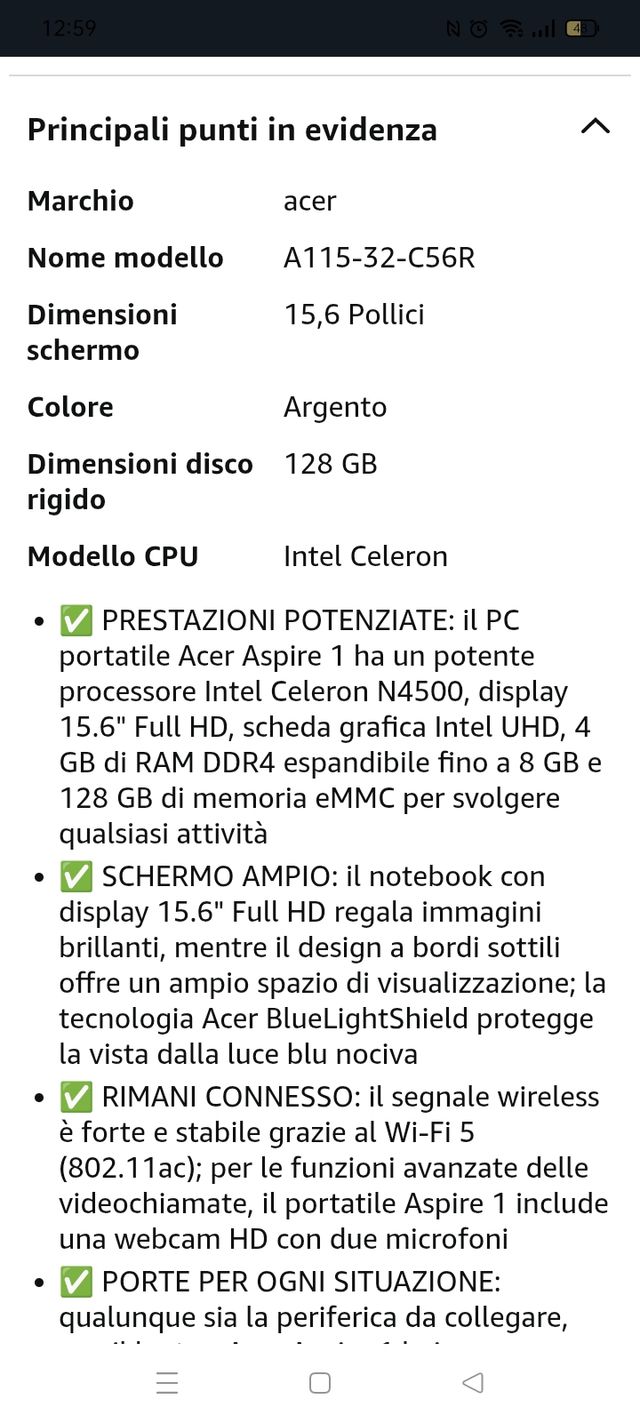 Notebook Acer A115-32-C56R nuovo