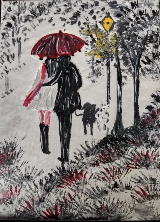 Dipinto Acrilico Coppia Sotto L'Ombrello