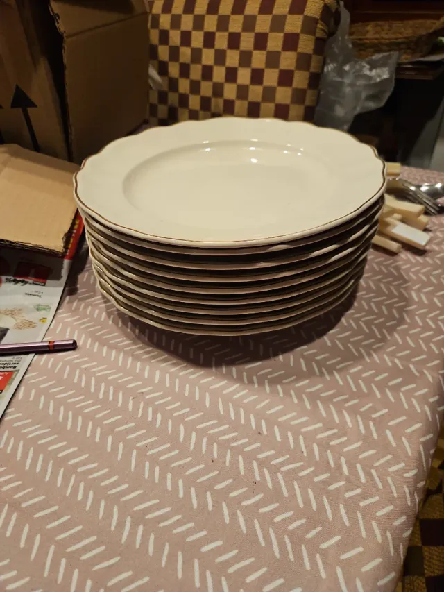 9 Platos Llanos Porcelana Dorado Blanco