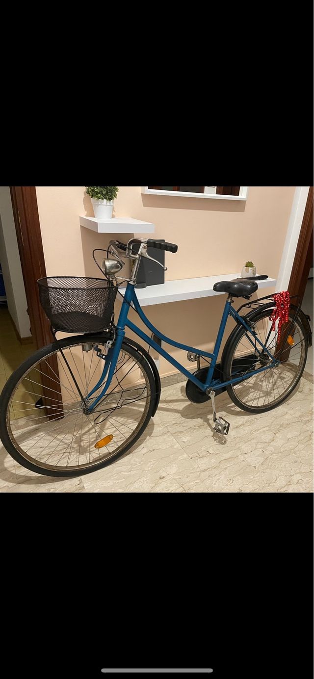 Bicicletta da città blu con cestino e luce.