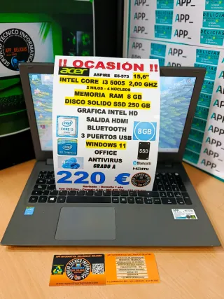 Portátil Acer i3 8GB RAM 250GB SSD 15,6