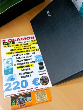 Portátil Acer i3 8GB RAM 250GB SSD 15,6